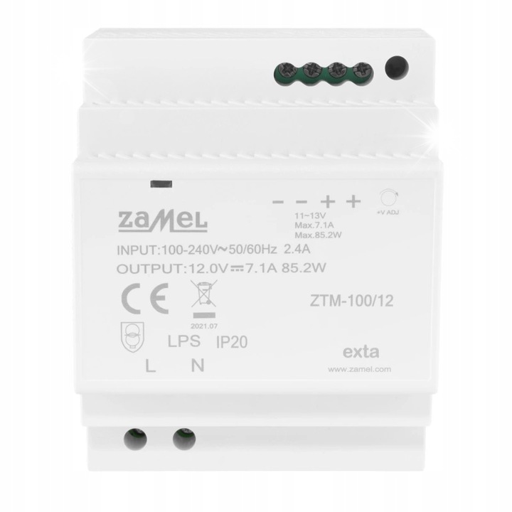 Sursa de alimentare, Zamel, 100W, 12V, montat pe sina DIN, dimensiuni 7x9x5,8 cm