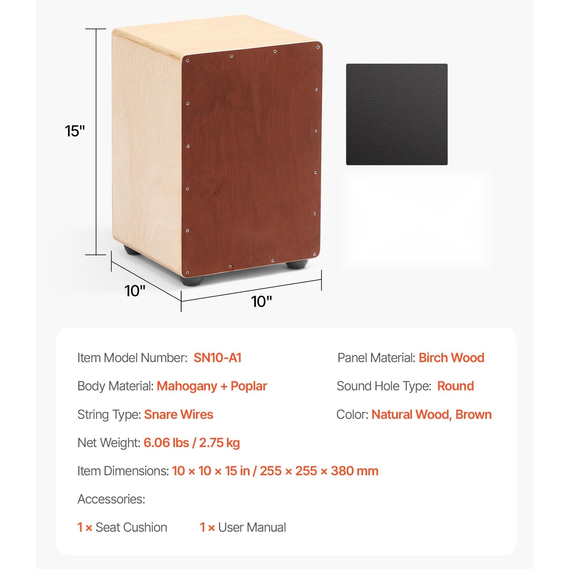 Toba cajon, Cutie de percutie acustica, Cu sarma interna, Lemn de
