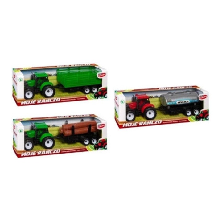 Tractor cu remorca, Mega Creative, verde si rosu, set cu 3 tipuri de remorci