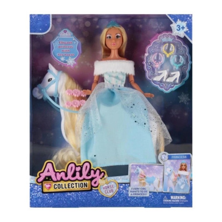 Set papusa 29cm cu calut si accesorii, Mega Creative, 3 bijuterii, incaltaminte, multicolor