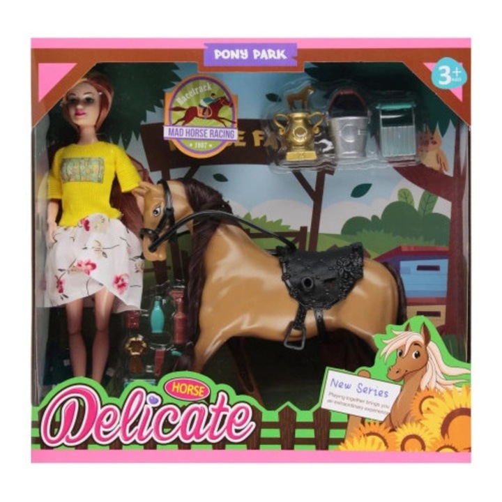 Set papusa 29cm cu calut si accesorii, Mega Creative, 23x21x7cm, 3 ani, multicolor