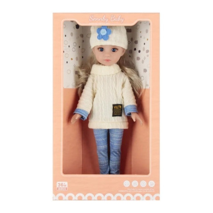 Papusa 35 cm, Mega Creative, bluza crem, pantaloni albastri, par lung