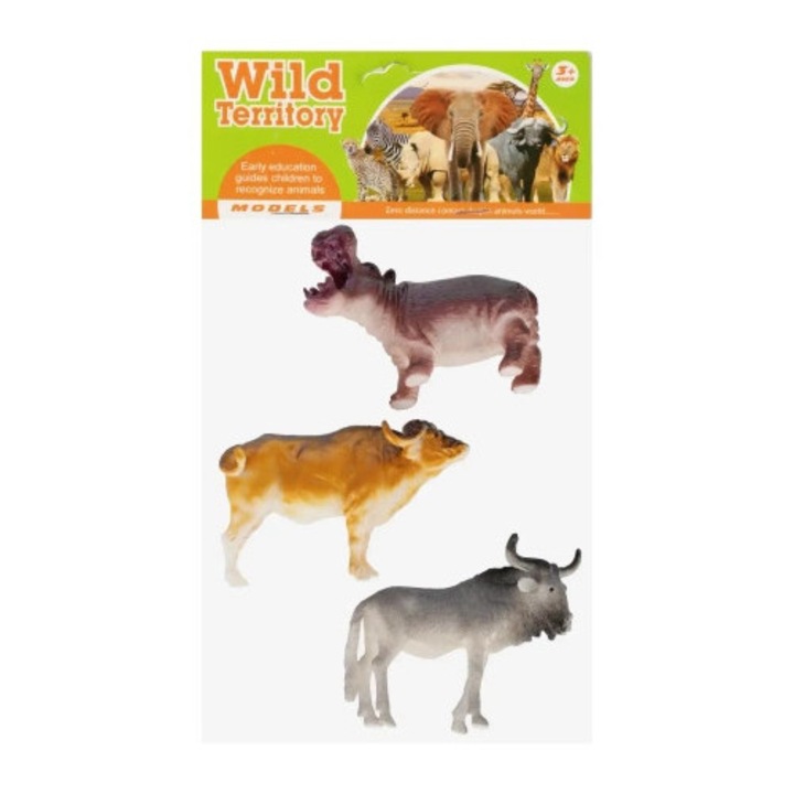 Set figurine animale salbatice, Mega Creative, Bivol, Hipopotam, Zubr, 7x7x6cm