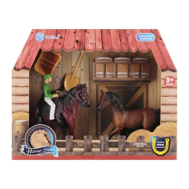 Set figurine cai Mega Creative, 2 cai, 1 figura om, tavita, lopata, multicolor, 12x10x4cm, 12x10x3cm