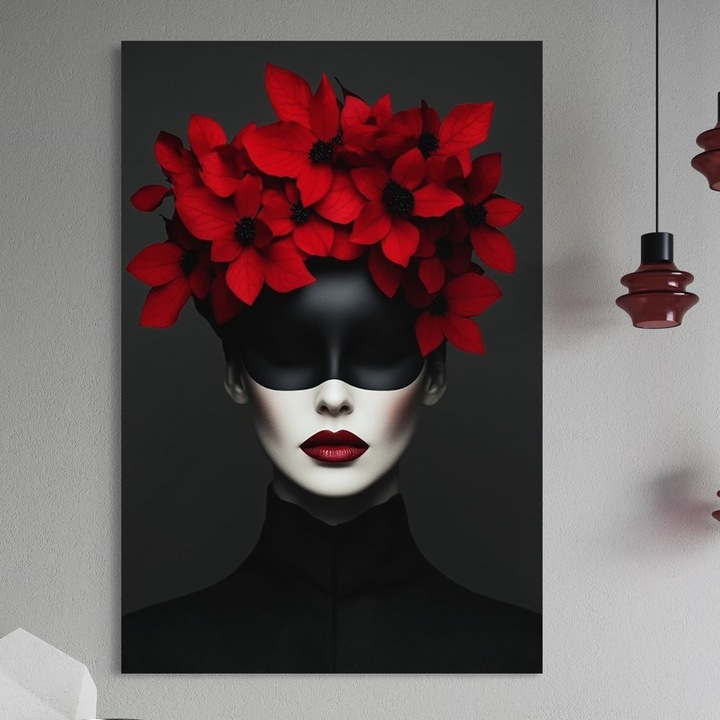 Tablou Canvas Premium, LuxCanva® P1046, Imparateasa in Negru si Rosu, 80 X 120 CM, Panza Bumbac 100% 400g/m2, Sasiu, Lemn, Regina, Intunecat, Rosu, Coroana, Flori, Regal, Dramatic, Masca, Feminitate, Iubire, Living, Dormitor