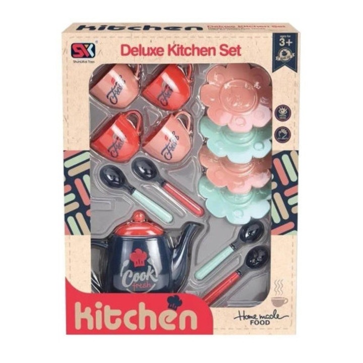 Set de bucatarie pentru copii, Merkpol, Deluxe Kitchen Set, 4 cani, 4 farfurii, multicolor