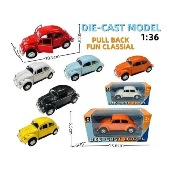 Volkswagen Beetle fém kisautó 1:36, vegyes színek, nyitható ajtókkal, 10.5x4.2cm