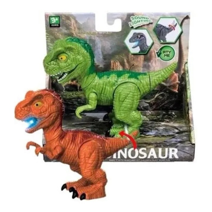 Set figurine dinozauri, Merkpol, T-Rex verde cu sunete si lumini, raptor portocaliu, pentru copii peste 3 ani