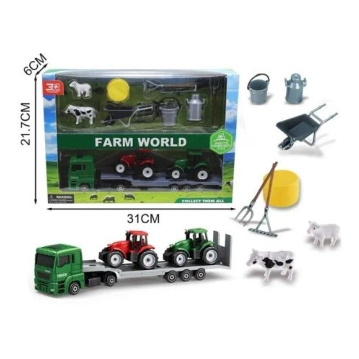 Játék építőipari gépek készlet, Merkpol, zöld teherautó pótkocsival, 2 piros és zöld traktor, 31x21,7cm