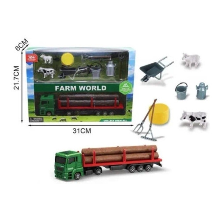 FARM WORLD építőipari gépszett, zöld teherautó utánfutóval, állatok, kiegészítők, 31x21.7cm