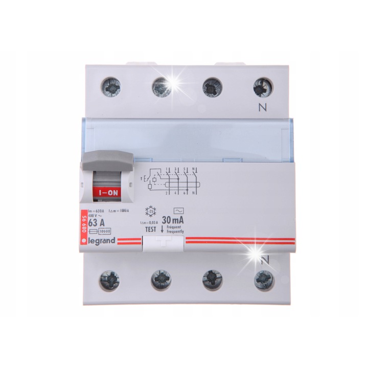 Dispozitiv de protectie, Legrand, intrerupator diferential 4P, 30mA, 63A, montaj pe sina DIN, 100x90x75mm
