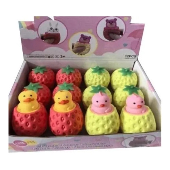 Figurine pui in fruct set 12 buc, Merkpol, curcani in capsuna si ananas, multicolor