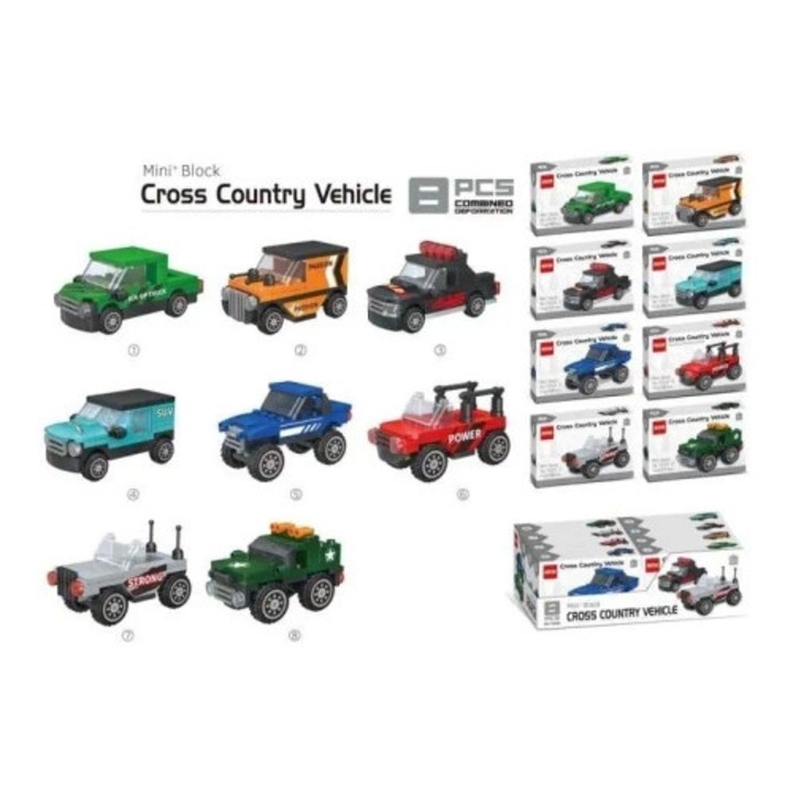Merkpol Mini Block Cross Country Jármű építő készletek, 8 modell, többszínű