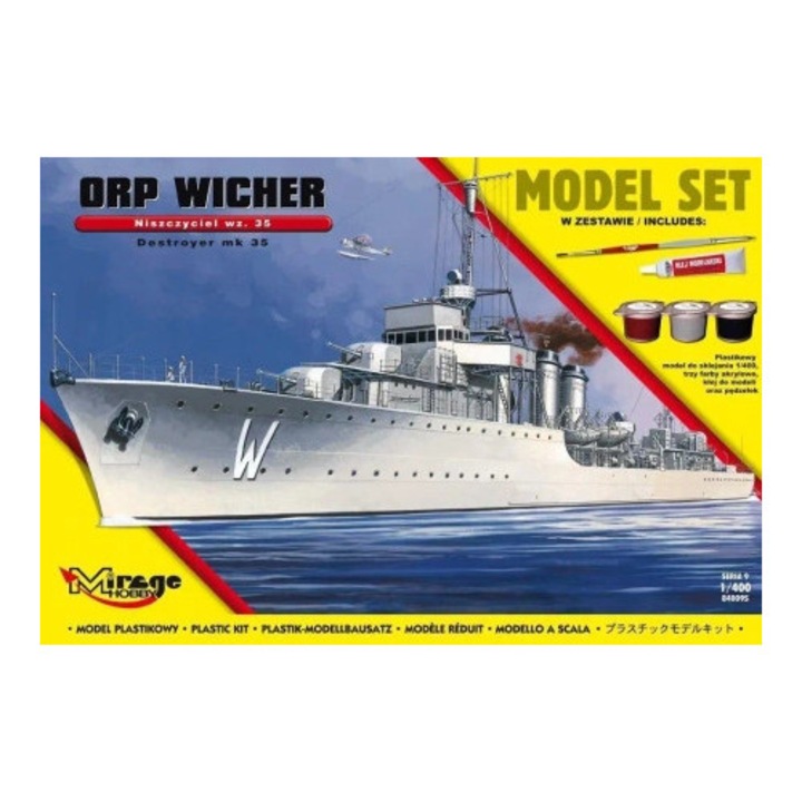 Model de nava de razboi ORP "Wicher", Mirage Hobby, set cu 1/400, 3 culori acrilice, adeziv, pensula