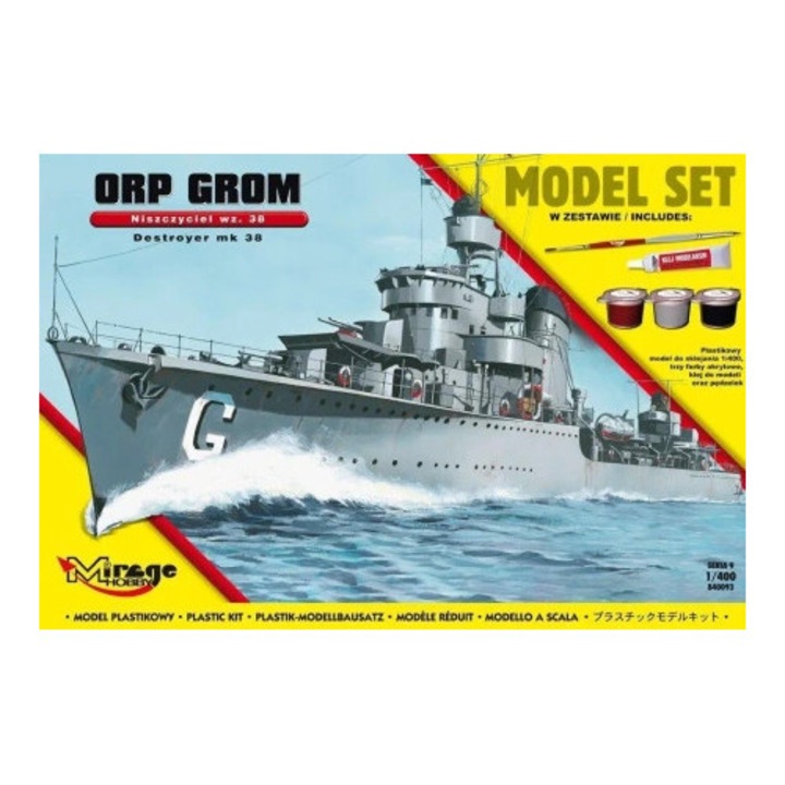 Model nava de razboi ORP "GROM", Mirage Hobby, set cu 3 vopsele acrilice, lipici, pensula, 1/400