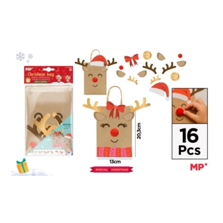 Set 2 torebki kraft cu imprimeu renifer, MP Main Paper, accesorii incluse, 120gr/m2, 300g, multicolor
