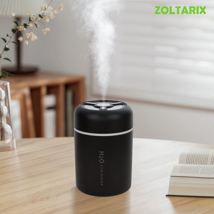 Овлажнител, ZOLTARIX, Мини, Преносим, Безшумна работа, Ултразвуков, Автоматично изключване, Захранване с батерия, USB-C, 2 режима на пулверизиране, Цветни светлини, 300мл, Черен