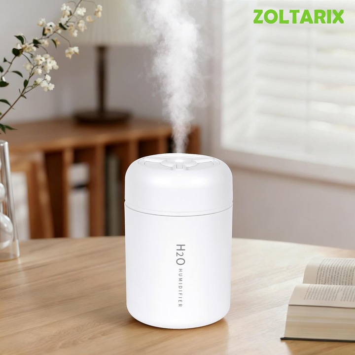 Мини преносим овлажнител, ZOLTARIX, Тиха работа, Ултразвуков, Автоматично изключване, Захранване с батерия, USB-C, два режима на изпаряване, с цветни светлини, 300ml, Бял