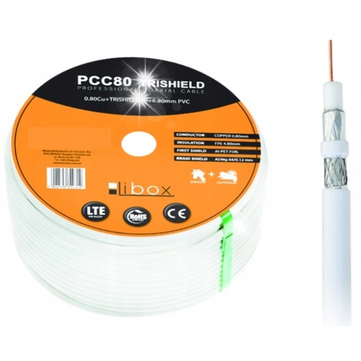Libox PCC80 koaxiális kábel, 100m, 0,80mm, időjárásálló, HD és 4K vételhez