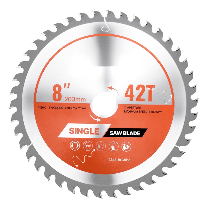 Lama ferastrau circular, Disc taiere lemn, Diametru 203 mm, 42 Dinti din Carbura, Alezaj 25, 4 mm, Finisaj Fin, Orificii Antizgomot, Pentru Placaj/OSB/Lemn Tare