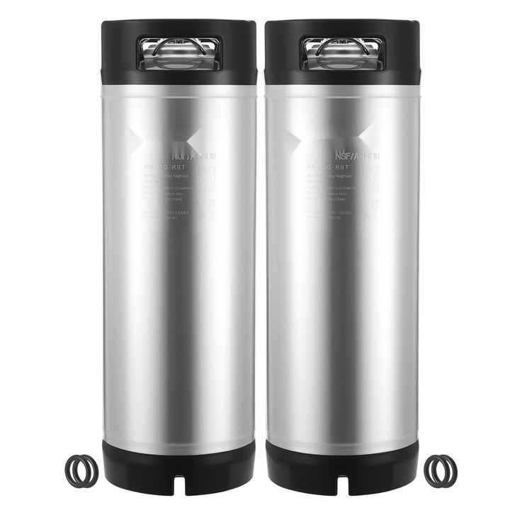 Butoi pentru bere cu cuplare cu bila, Set 2 bucati, Capacitate 19 l fiecare, Otel inoxidabil 304, Manere duble din cauciuc, Fund din cauciuc rezistent