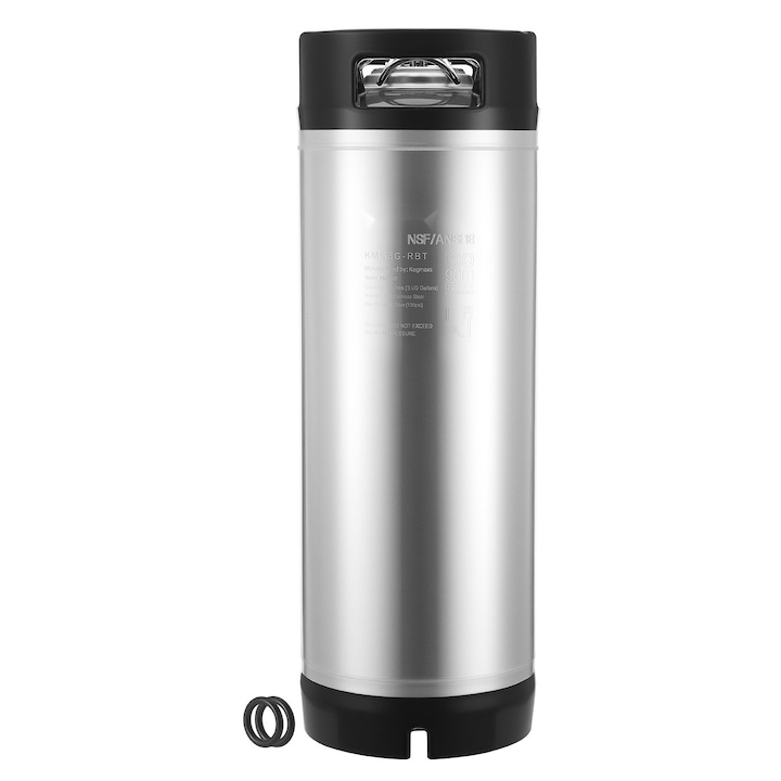 Butoi Keg pentru Bere, Ball Lock 19 L, Otel Inoxidabil 304, Doua Manere din Cauciuc, Baza din Cauciuc Rezistenta, Pentru Homebrewing si Cold Brew, Argintiu