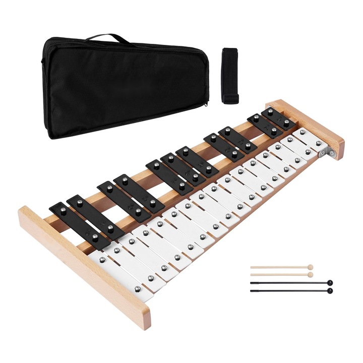 Ксилофон Glockenspiel, Ударен инструмент, 27 ноти, Метални клавиши, Включени 4 палки, Чанта за носене, За начинаещи възрастни и деца