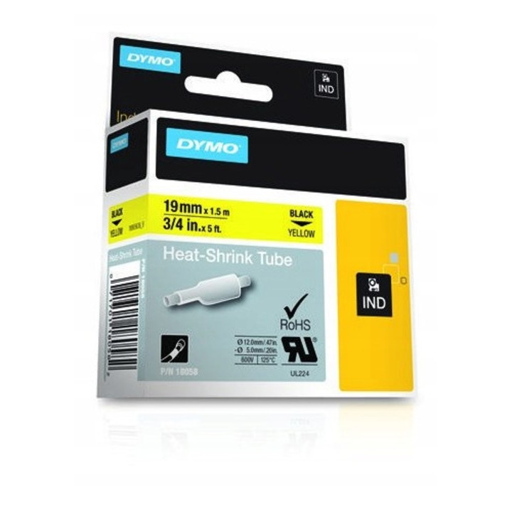 Rurca termocontractabila Dymo 19mm x 1,5m negru/galben, rezistenta la apa, pentru cabluri si conductori