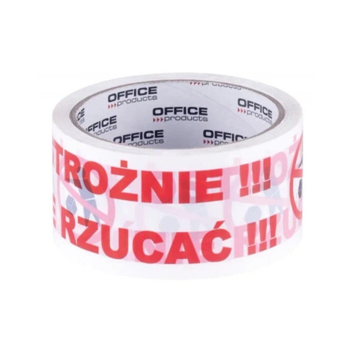 Banda adeziva OFFICE PRODUCTS, 48mmx46m, alba, cu mesaj "OSTROZNIE NIE RZUCAC", 1 bucata