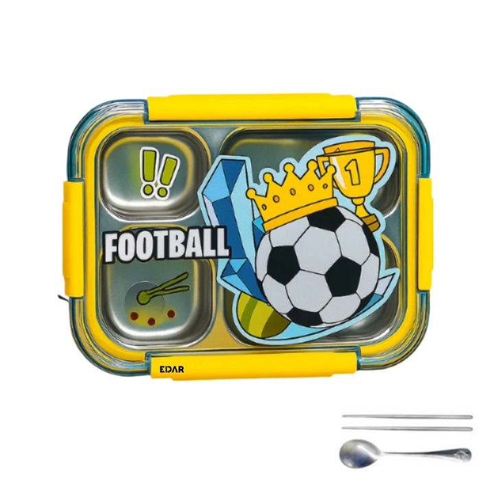 Caserola termica copii EDAR, 4 compartimente, inox si plastic, 900 ml, etansa, mentine temperatura, pentru scoala, gradinita, excursii, model fotbal, verde