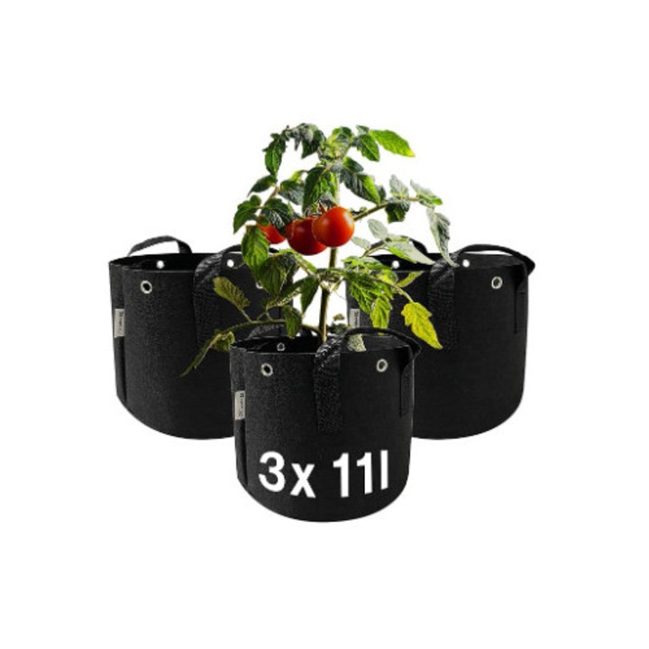 Set de 3 saci de plantare din material textil netesut, 25x23cm, pentru flori si legume, negru