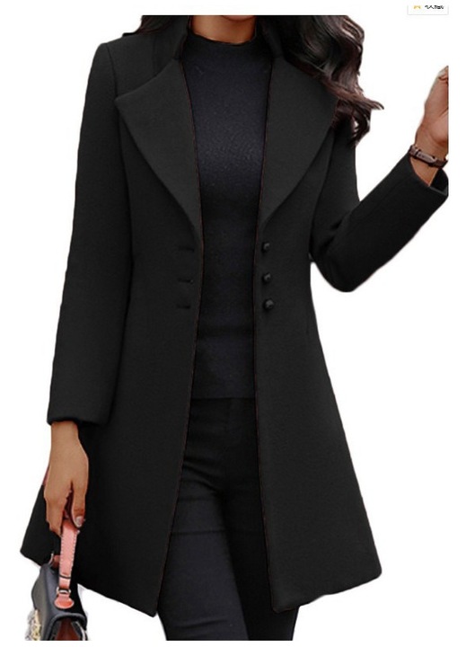 Palton dama, lana, neagra, slim fit, maneci lungi, 2XL INTL