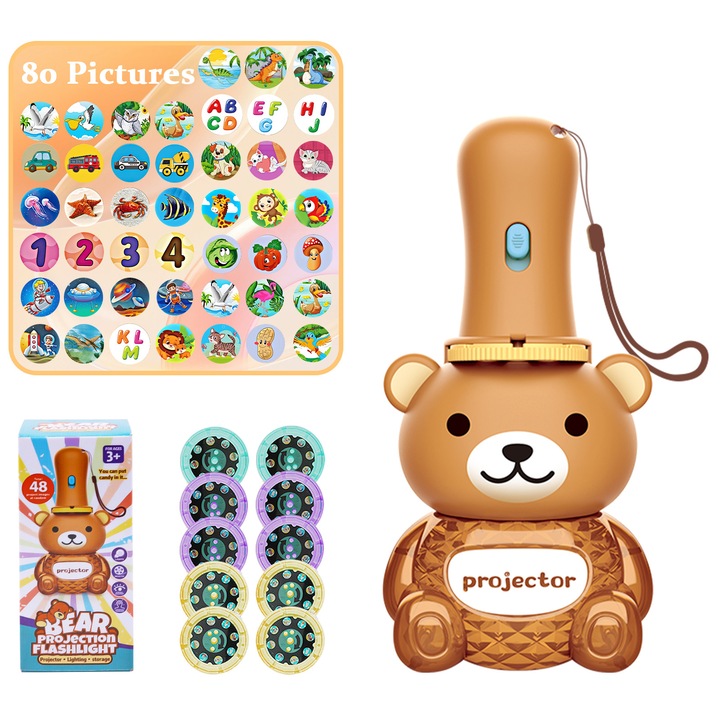 Lanterna Proiectoare Interactiva Pentru Copii - Design de Ursulet, jucarie educativa distractiva pentru dezvoltarea cognitiva,10 teme, Include proiectii cu litere, animale, viata marina, dinozauri, numere si multiple tipare,14.5x7x7cm, lausomile®