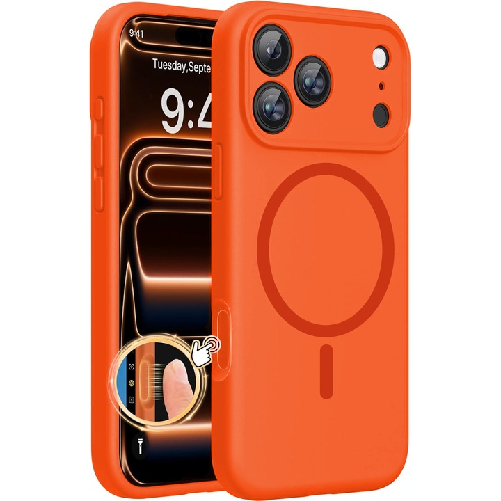 Husa pentru iPhone 17 Pro DaDen® Silicon MagSafe, Incarcare Wireless, Protectie Camera, Antisoc, Protectie Action Button, Portocaliu