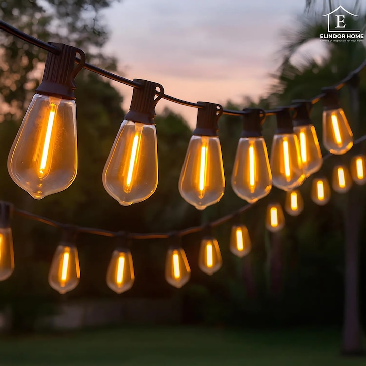 Ghirlanda Luminoasa Elindor® 10m cu 15 Becuri Vintage Tip Edison, LED, Impermeabila IP65, Lumina Calda 2700K, pentru Gradina, Terasa, Balcon, Petreceri si Decor Exterior / Interior, Compatibil cu Dimmer, Negru