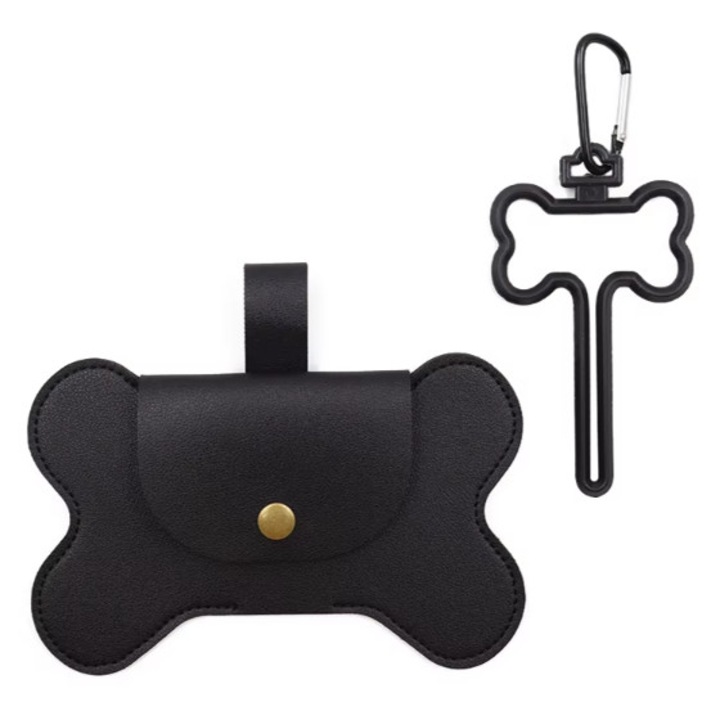 Dispenser pungi igienice din piele ecologica in forma de os, pentru caini, cu suport, Negru