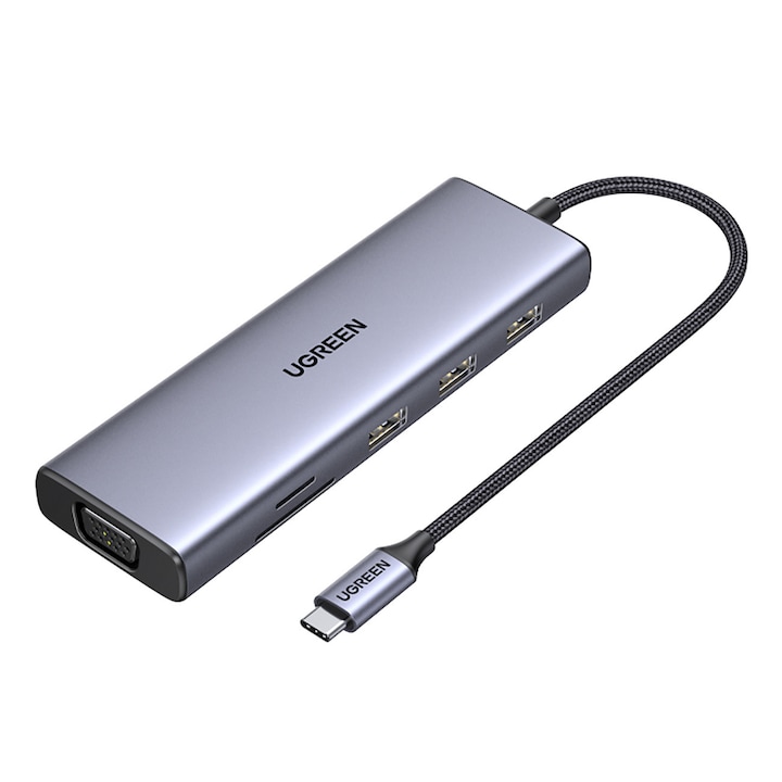 HUB адаптер USB-C Ugreen CM498 15600, 3x USB-A, HDMI, VGA, RJ45, четец за SD/TF карти, сив