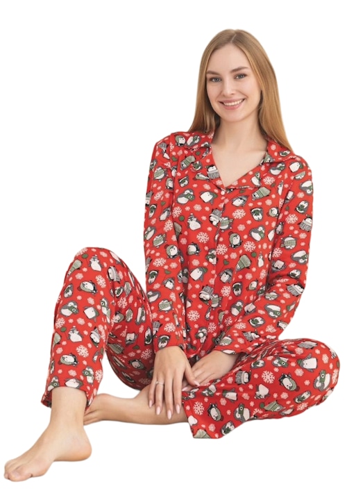 Pijama Dama Premium Uramag, Nasturi, Lunga, 2 piese, Rosu