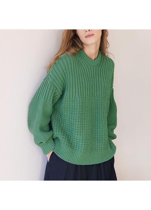 Pulover dama Blencot oversized, maneci bufante, verde, marimea L