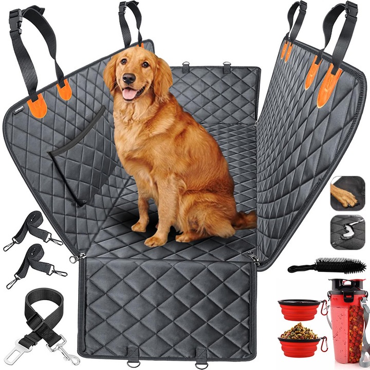 Autó védőhuzat hátsó ülésre állatszállításhoz, biztonsági övvel, összecsukható tál, megakadályozza a karcolásokat és a kutyák vagy macskák csúszását, vízálló hálós ablakkal és cipzárral, 135 x 150 cm, csomagtartóhoz is alkalmas