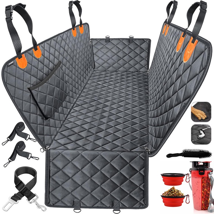 Husa scaune auto protectie si transport animale extinsa XONGSOR, 135x150cm, set cu bol pliabil, pisici de toate taliile, rezistenta pana la 150 kg, ofera protectie bancheta spate autoturism, pat animale, Universala, impermeabila, cu fereastra de plasa