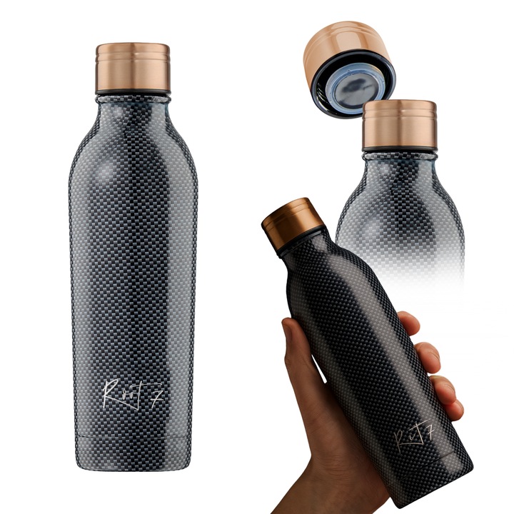 Термо бутилка за вода, Root7, от неръждаема стомана, без BPA, 500 мл, Цвят Carbon Fibre