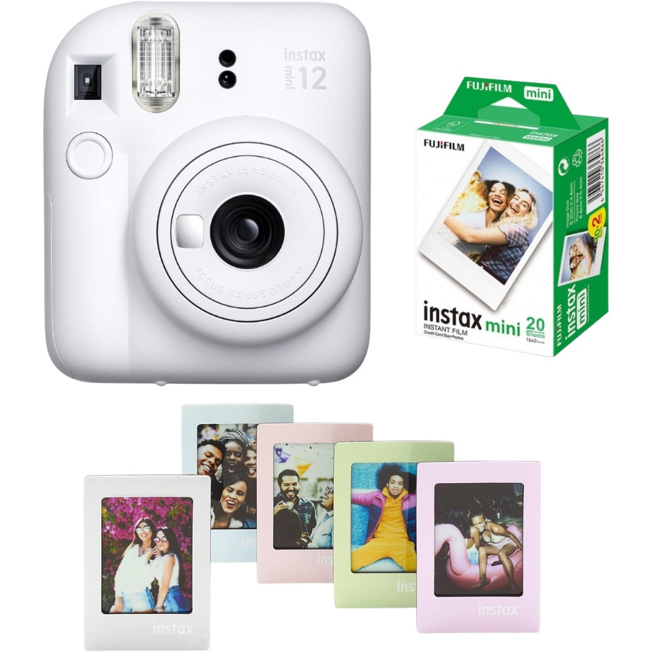 Aparat foto Instant Fujifilm Instax Mini 12 Clay White + Film Mini 2x10 + Set 5 rame Magnetice Mini pastel