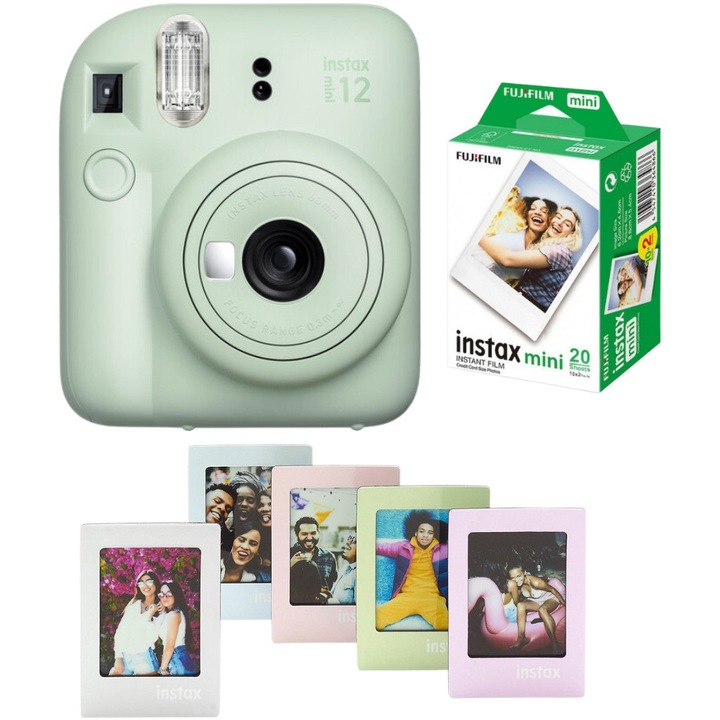 Aparat foto Instant Fujifilm Instax Mini 12 Mint Green + Film Mini 2x10 + Set 5 rame Magnetice Mini pastel