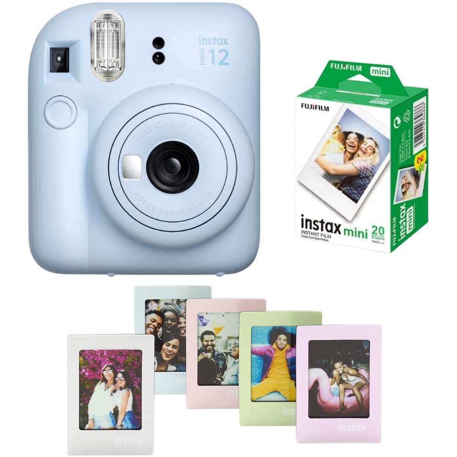 Aparat foto Instant Fujifilm Instax Mini 12 Pastel Blue + Film Mini 2x10 + Set 5 rame Magnetice Mini pastel