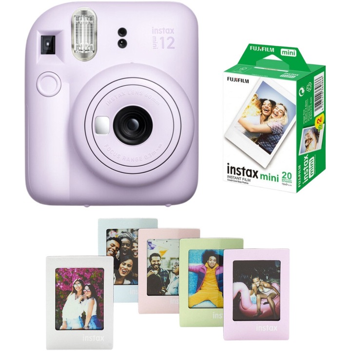 Фотоапарат за моментни снимки Fujifilm Instax Mini 12 Lilac Purple + Филм Mini 2x10 + Комплект 5 магнитни рамки Mini pastel