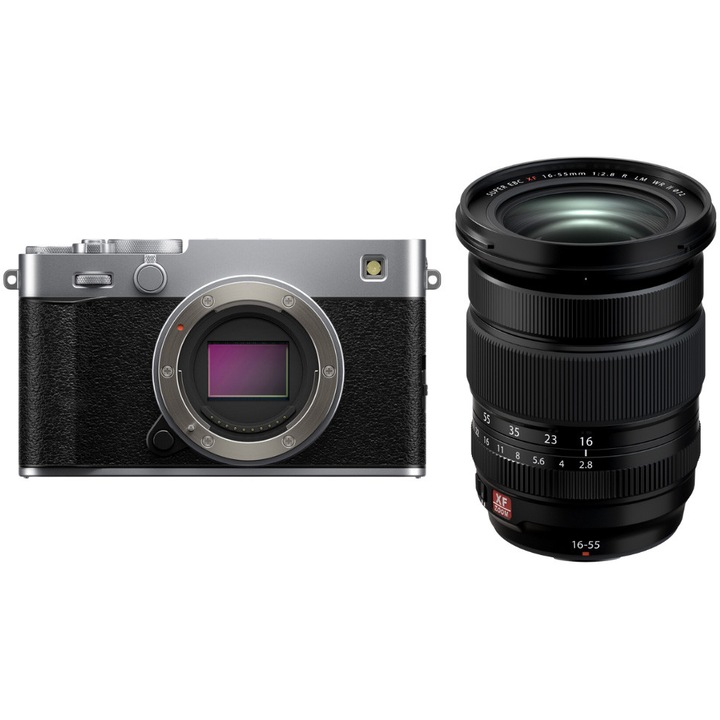 Aparat Foto Mirrorless Fujifilm X-E5, 40MP, 6K + Obiectiv XF 16-55mm F2.8 R LM WR II, Silver