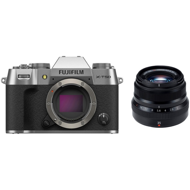 Aparat Foto Mirrorless Fujifilm X-T50, 40.2MB + Obiectiv XF 35mm F2.0 R WR, Silver