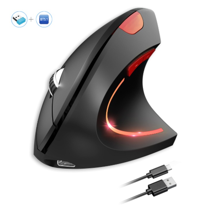 Mouse wireless ergonomic, BOMSTOM, 800/1200/1600/2400dpi, cu receptor USB si conexiune Bluetooth, Reincarcabil, Click Silentios, 6 Butoane, Compatibil cu ferestre, macOS, Negru