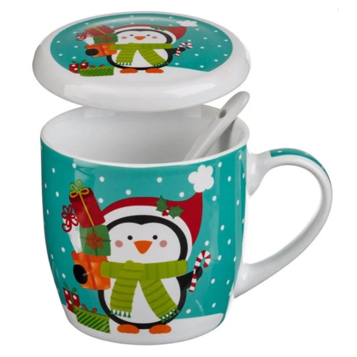 Set Cana de Craciun AB Homes, cu Capac & Lingura, Model Pinguin cu Cadouri, 350 ml – 3 Piese Festive pentru Momente Magice